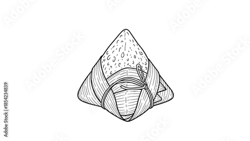 Hand-drawn dumpling wrapped in bamboo leaves on white background