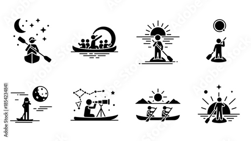 Outdoor adventure icons: canoeing, stargazing, hiking, and more in minimalist design