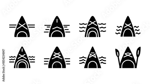 Minimalist black and white kayak icons set with paddles and waves
