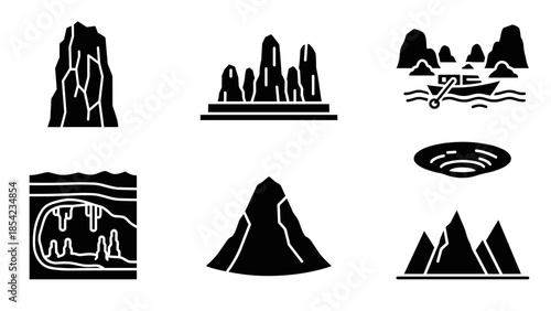 Silhouette cave and mountain icons set in geometric style