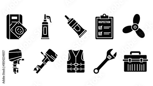 Nautical silhouette icons featuring tools and equipment for marine maintenance and safety