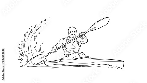 Dynamic linear kayaker paddling energetically through splashing waters