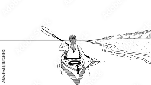 Kayaking adventure on open water with coastal view in black and white