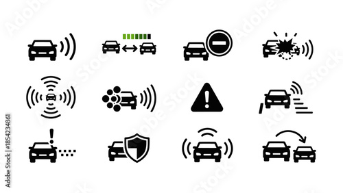 Car safety icons: autonomous features and warning signals in flat silhouette design
