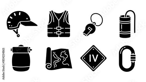 Adventure gear icons: minimalist black and white set for outdoor enthusiasts