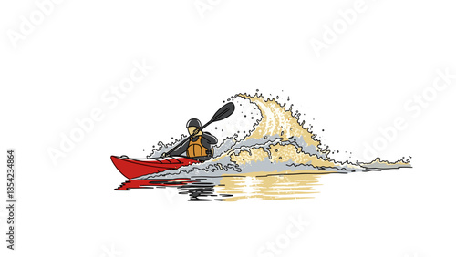 Kayaker navigating waves in red canoe on open water