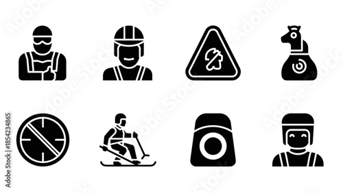 Skiing and snowboarding icons set featuring helmets and safety gear