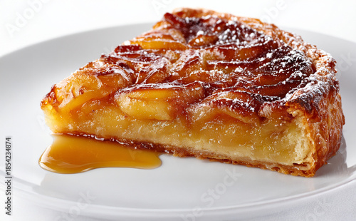 Tarte Tatin Slice with Oozing Caramel Syrup and Golden Puff Pastry, Isolated on Ultra-Bright White Background