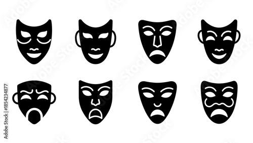 Collection of theatrical masks silhouette designs expressing various emotions