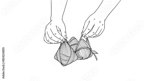 Hands preparing rice dumpling: traditional food preparation in linear style