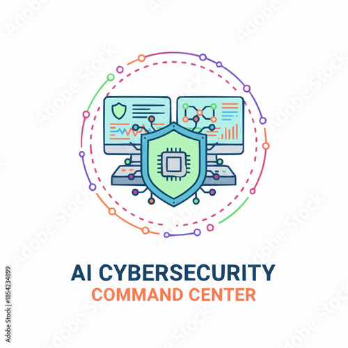 AI cybersecurity command center with shield and computers