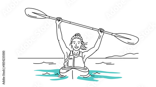 Woman kayaking with paddle raised above head in minimalist outline drawing