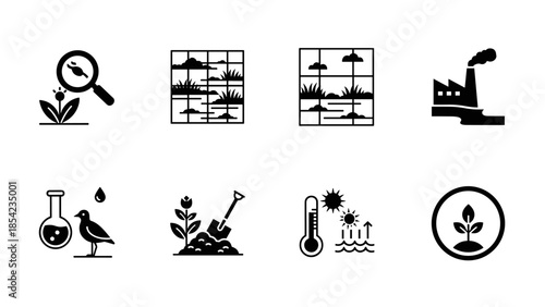 Eco-friendly agriculture and pollution vector icons for environmental awareness