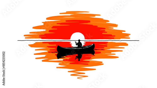 Silhouette of person canoeing at sunset with reflective water and vibrant orange sky