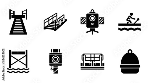 Set of bridge and security camera icons in monochrome style