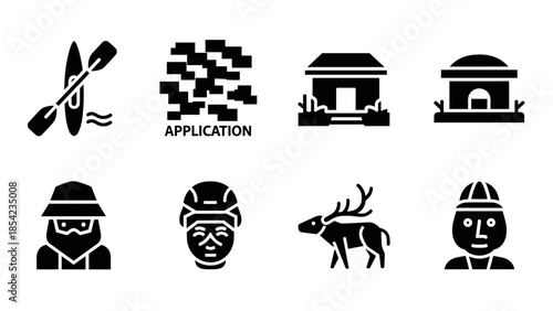 Icon set featuring kayak, application, buildings, adventurers, and wildlife in bold black silhouette style