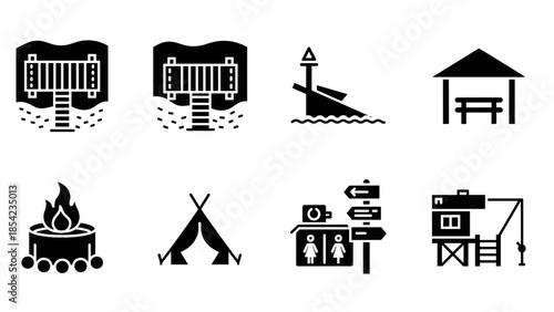 Simple black icon set for outdoor camping and adventure activities