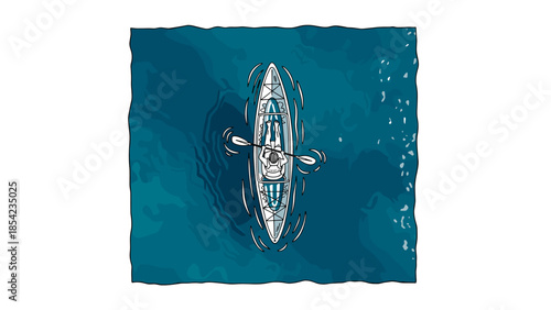 Kayaker paddling in tranquil blue waters, hand drawn top view adventure
