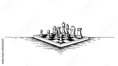 Chess pieces on a floating board: black and white ink sketch style