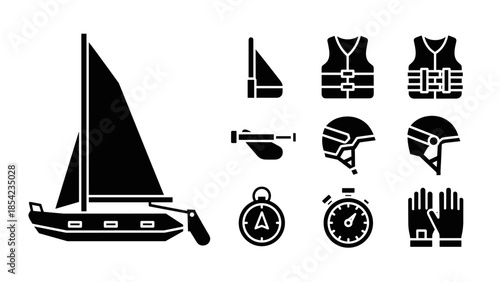 Sailing gear icons: nautical collection with equipment, apparel, navigation tools