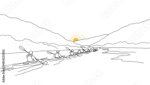 Kayakers paddle through serene river at sunrise in minimalist line art