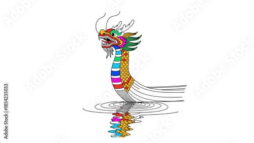 Colorful chinese dragon boat design with reflective water ripples