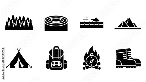 Minimalist outdoor icons: camping, hiking, and nature adventure symbols