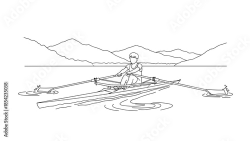 Line art single scull rowing on lake with mountain view