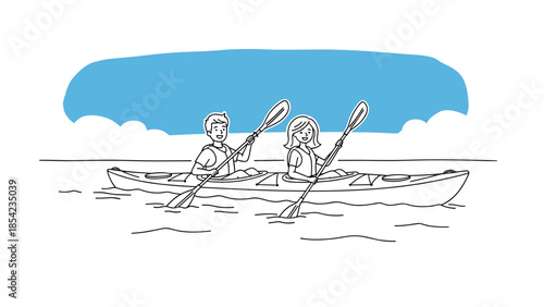 Line art scene of couple kayaking on a sunny day with blue sky