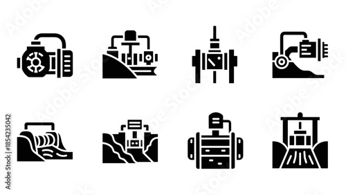 Set of industrial machine icons in bold black silhouette style