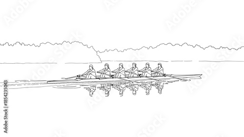 Team rowing: detailed outline of athletes in motion on tranquil water