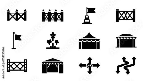 Silhouette set of festival and park icons: tents, fences, flags, and paths