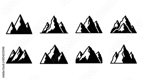 Collection of minimalist mountain silhouettes in black and white design