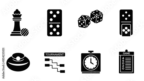 Classic game elements: chess, domino, dice, and timer icons in silhouette style