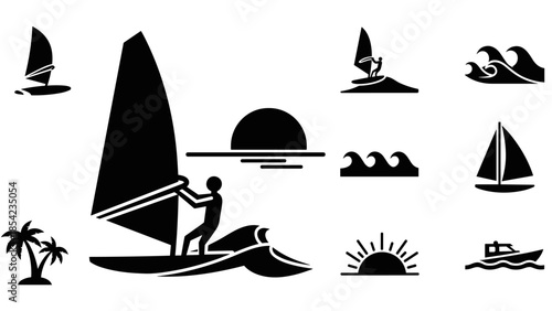 Silhouette wind surfing collection: sunsets and waves with nautical elements