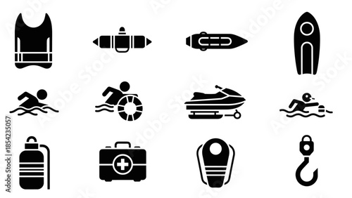 Essential water sports and safety icons: jet ski, life vest, swimming, first aid