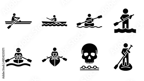 Silhouette rowing and kayaking icons collection with skull element