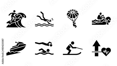Active water sports icons: surfing, diving, parachuting and more in bold silhouette style