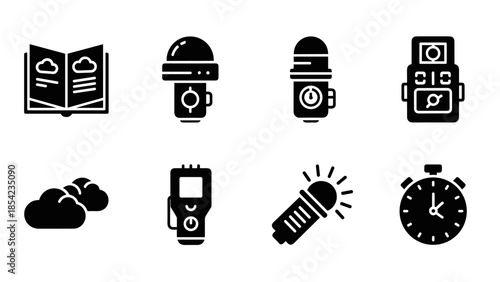Set of silhouette science and technology icons: gadgets, robots, book, and timer