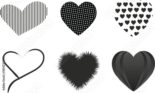 Collection of six unique black heart symbols