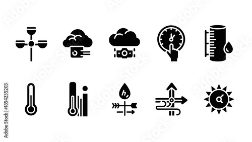 Set of weather and climate measurement icons in bold black silhouette style