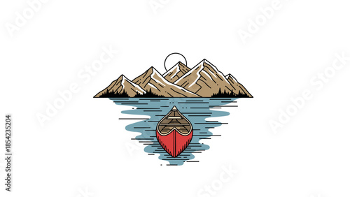 Serene mountain lake with canoe reflection in minimalistic line art style