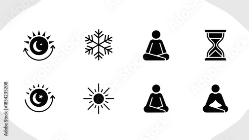 Minimalist symbols of meditation, sun, moon, snowflake, and hourglass