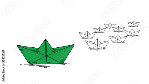 Leadership concept with green origami ship leading in minimalist design