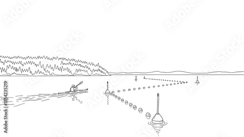 Peaceful kayaking adventure on tranquil lake with buoys and forest horizon in minimalist line art style