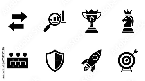 Collection of business and strategy icons featuring shield, rocket, and trophy designs