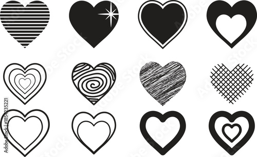 Collection of various black and white heart shapes and designs