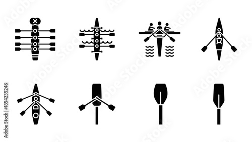 Set of black silhouette rowing team and paddle icons on white background