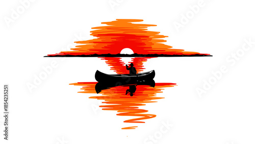 Silhouette of canoe at sunset with vibrant reflection on water
