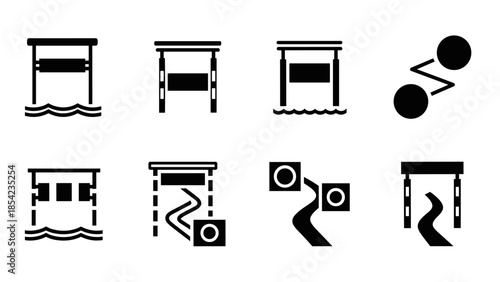 Minimalist black icons of river and road symbols in silhouette style